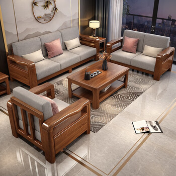 New chinese style walnut solid wood sofa combination living room modern simple corner wooden fabric light luxury furniture three persons + coffee table