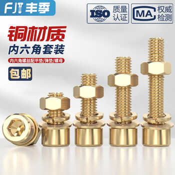 Fengji national standard pure brass all copper hexagon socket screws nuts bolts nuts flat washers spring washers set complete m10*60 1 set