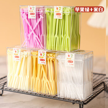 Sungsa disposable fruit fork food-grade fruit pick cake letter fork plastic double-tooth dessert snack fork for home use beige + apple green two boxes of 260 pieces