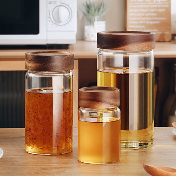 Genasi honey sealed jar glass bottle empty bottle food grade covered canned jam packing storage canned honey special bottle threaded mouth acacia wood cover sealed jar 500ml