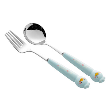 Clcey304 stainless steel ceramic handle cute cartoon children eating spoon eating fruit fork spoon portable tableware little blue duck fork and spoon two-piece set