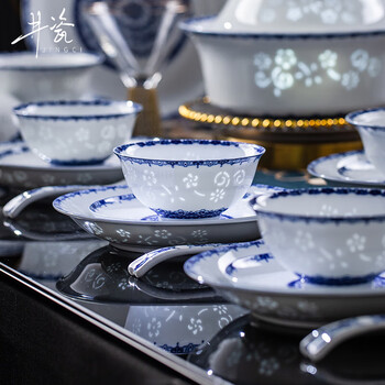Jingci jingdezhen blue and white porcelain exquisite tableware set chopsticks dishes bowls high-end hotel housewarming wedding gift spring exquisite porcelain丨4 people丨18 heads