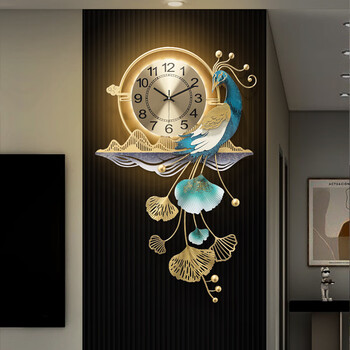 Flying bird collection new chinese style peacock clock 2026 new creative living room wall clock grille high-level clock wall art large size-59*98 three-dimensional hand-painted luminous style