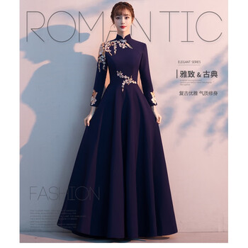 Late summer and early winter cheongsam evening dress for women 2023 summer new style banquet temperament choir slimming slim conductor performance navy blue l