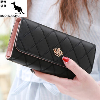Kuqi kangaroo (kuqidaishu) women's long wallet fashionable three-fold one-piece rhombus crown buckle cute high school student multi-card slot wallet wallet trendy black