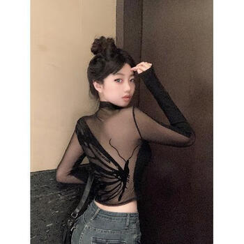Autumn yao american hot girl chic mesh splicing short long sleeve top designed half turtle collar bottoming top for women black s