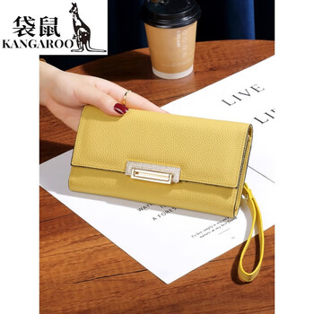 Kangaroo high-grade pure cowhide three-fold large-capacity wallet for women, versatile 2025 spring and summer new style genuine leather hand wallet for mobile phone, yellow - first-layer cowhide (large capacity with wrist strap)