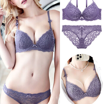 Victoria palace sexy underwear set small breast gathering anti-sagging bra thin top and thick molded cup bra purple gray set s 70/32c + panties