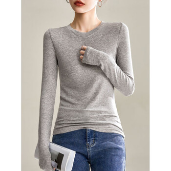 Han manrui tencel wool bottoming shirt mask clothing round neck long sleeve t-shirt women's 2024 autumn and winter new commuting slim top flower gray m