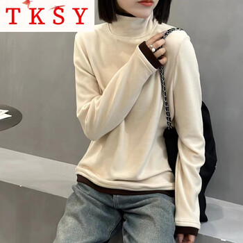 Tksy high collar fake two-piece double-sided german velvet bottoming shirt for women 2025 new autumn and winter plus velvet thickened inner top, off-white high/collar (loose version) xl130-140 catties