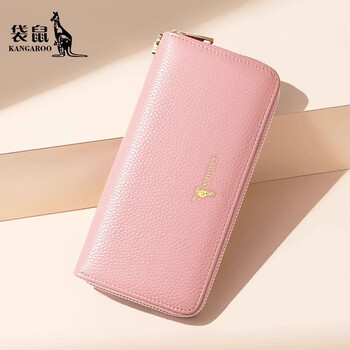 Kangaroo (kangaroo) wallet women's long genuine leather hand wallet new 2024 fashion first layer cowhide zipper wallet pink fairy pink