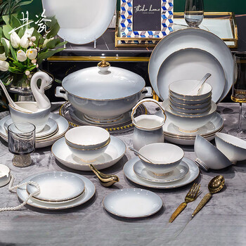 Jingci jingdezhen light luxury bone china tableware set chopsticks, plate, bowl, high-end home hotel, move-in gift for new home, starry sky gray丨for 6 people丨40 heads