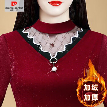 Pierre cardin velvet bottoming shirt for women, long-sleeved t-shirt, 2025 new autumn and winter new inner and outer mesh warm lace top, burgundy, velvet and thick, m, recommended within 100 pounds