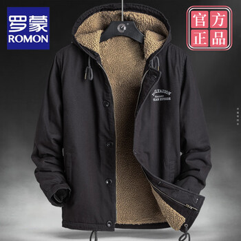 Romon lamb velvet cotton coat for men in winter plus velvet thickened loose large size cotton jacket trendy warm hooded cotton jacket 1883 black plus velvet m 95-110 catties