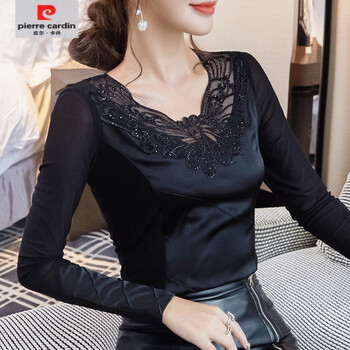 Pierre cardin lace bottoming shirt women's long sleeve spring and autumn thin section 2025 new slim low collar mesh small shirt with t-shirt top black no velvet 2xl recommended 120-130 jin