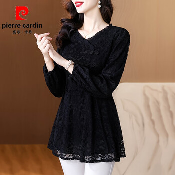 Pierre cardin mid-length lace bottoming shirt for women, spring, autumn and winter 2025 new style with velvet and thickened chinese style long-sleeved top, black (without velvet) 4xl (140-150 catties)