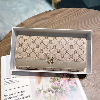 Calculat&keen2025 new fashion women's wallet women's long women's wallet two-fold genuine leather multi-card slot card bag women's wallet apricot