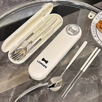 E7 life 304 stainless steel chopsticks and spoon set portable tableware three-piece set special take-out storage box for children and primary school students portable tableware white-painted 3-piece set