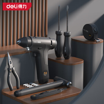 Deli home series household electric tool box set 8-piece lithium electric drill steel tape measure screwdriver set 7.2v lithium electric drill 8-piece set ht0208