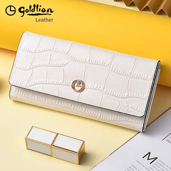Goldlion long wallet for women 2025 new cowhide clutch bag for girls with multiple card slots genuine leather light luxury ladies handbag high-end series 2 white
