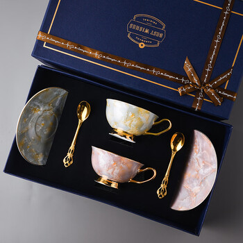 Marbled bone china coffee cup gift box wedding gift birthday gift english afternoon tea cup tea set pink + cyan 2 pieces 230ml
