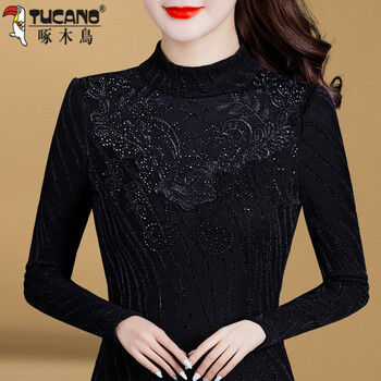 Woodpecker velvet thickened lace bottoming shirt long-sleeved women's top 2025 new autumn and winter style half turtleneck inner shirt black velvet xl