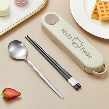 Worthbuy stainless steel bear portable tableware for office workers and students takeaway chopsticks and spoons tableware set chopstick storage box bear style - 3 pieces