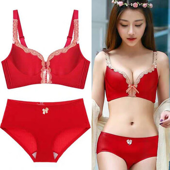 Wen fanxin underwear female wedding bride big red bra animal year bra set no rims small breast push-up bra big red (set) 70b =32b (small breast push-up)