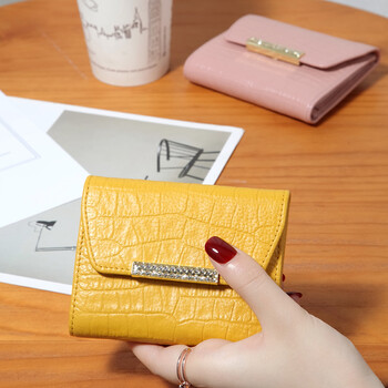 Sephoron high-looking genuine leather short folding small wallet feminine style 2026 new fashion diamond-encrusted yellow money-lucky wallet trendy money-lucky yellow dc5a561405