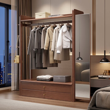 Shaochengke coat rack floor-standing household solid wood coat rack dressing mirror combination living room bedroom multi-functional fitting mirror storage rack walnut color-120cm (installation included)