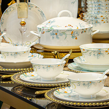 Yanlai jingdezhen bone china bowls and plates tableware set household ceramic tableware complete set chinese dishes housewarming bowls and chopsticks gift box xiangman courtyard 56-piece gift box