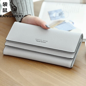 Kangaroo (kangaroo) spring and autumn new long women's wallet cross pattern three-fold large capacity multi-card slot multi-functional fashion student wallet light gray