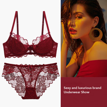 Victoria palace sexy underwear bra thin big breast reducing push-up bra breathable anti-sagging pure desire lace bra set burgundy bra + panties 75b with m size panties