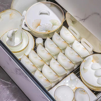 Guanpu bowl and plate set household bone china tableware jingdezhen light luxury ceramic bowl and plate set high-end tableware and plate combination 10 people food (with princess pot) 56-piece set