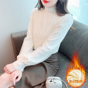 Ye zifeng velvet thickened bottoming shirt for women autumn and winter new fashion style inner slim lace shirt half turtleneck brushed shirt off-white velvet thickened s