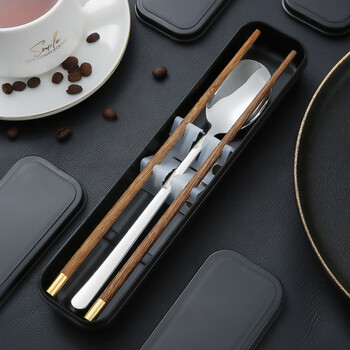 Bubble bear chopsticks and spoon set, one person, one chopstick, portable tableware, student storage box, fork, single wooden chopsticks, three-piece set, 3-piece set including fixed buckle, natural color spoon + jinfu chicken wings, 1 pair