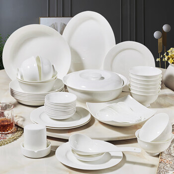 Pure white bone china bowls, plates and tableware set, ceramic bowl set, underglaze colored bowls and dishes, household tableware set, housewarming, pure white 10-person food gift box, 58 pieces