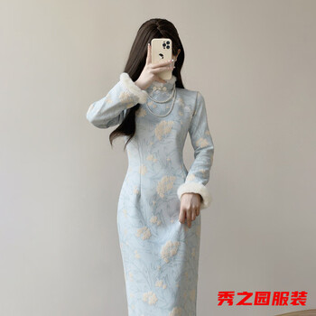 Verse cheongsam new new chinese style improved daily temperament dress autumn and winter velvet girl young dress light blue cheongsam velvet thickened s 160