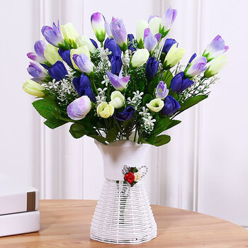 Tulip rose artificial flower simulation bouquet decoration room decoration indoor plastic flower potted living room decoration upgraded tulip--blue + bottle