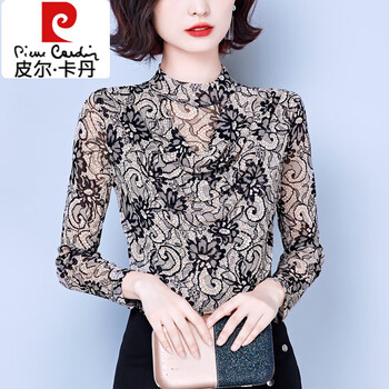Pierre cardin (pierre cardin) lace bottoming shirt for women, spring, autumn and winter new high-end mesh outer wear, western style half turtleneck, thickened with velvet, picture color 3xl (130-145 pounds)