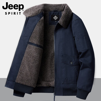 Jeep spirit jeep winter cotton coat men's pure cotton lapel plus velvet thickened warm workwear cotton jacket lambswool jacket dark blue xl