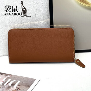 Kangaroo (kangaroo) genuine leather women's long wallet first layer cowhide fashion wallet zipper bag pebbled leather wallet wallet earthy yellow