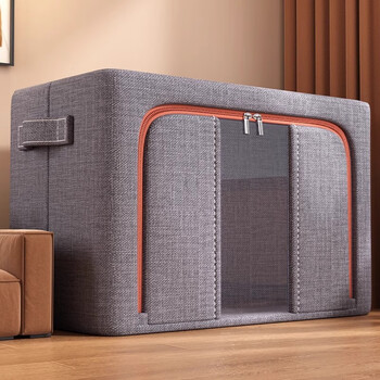 Jiebaina clothes storage box large wardrobe layered storage artifact fabric visual window folding clothing storage organizing box nordic gray-single window thickened cotton and linen 110# 60*45*40 thick steel frame