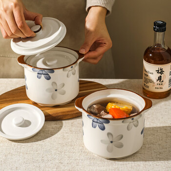 Kawashimaya ceramic stew pot with lid, water-proof stew pot, steam pot, household one-person bird's nest, roasted pear pot, small soup cup, dark blue double-lid stew pot 500ml