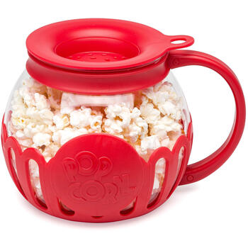 Ecolution microwave popcorn maker 5.6l borosilicate glass 3-in-1 lid measures melted butter no oil required dishwasher safe home healthy snacks red small size