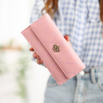 New women's wallet women's tri-fold bag long crown card holder mobile phone bag large capacity student coin purse w crown-pink
