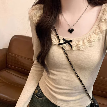 Miao yijia thickened velvet bottoming shirt for outer wear for women in autumn and winter, western style 2025 new lace sexy and high-end sense lace collar bow long-sleeved t-shirt oatmeal color l recommended 110-120 pounds