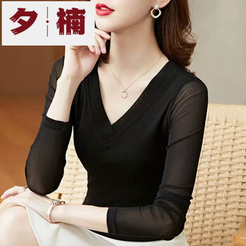 Xinan mesh bottoming shirt with spring and autumn v-neck western style slim top for women new fashion long-sleeved t-shirt for women black v-neck 2xl recommended 125-140 pounds