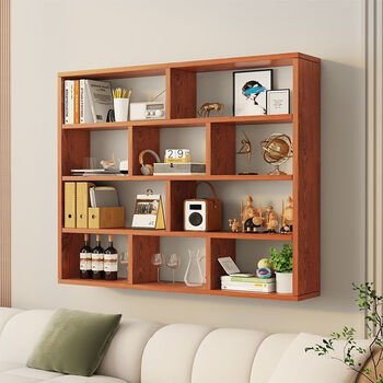 Yisijia simple modern solid wood wine cabinet wall-mounted bookshelf storage rack wine rack restaurant wall cabinet living room bedroom study wall cabinet teak color solid board thickened second floor length 120 height 70 depth 20