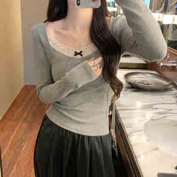 Feiyao lace long-sleeved bottoming shirt for women 2025 spring and autumn new style high-end small fragrance slim t-shirt plus velvet top gray brushed thin velvet xl suitable for 115-130 pounds